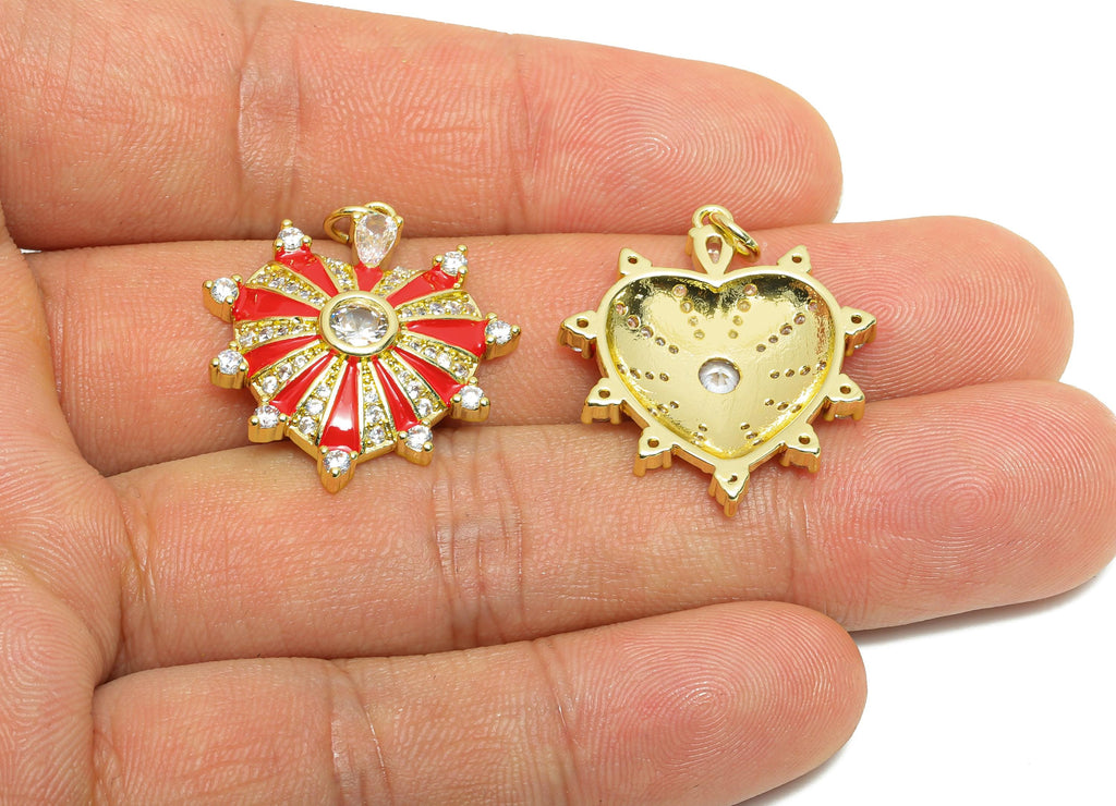 Brass Heart CZ Pendant - Brass Dainty Enamel Artistic Zircon Pendant - Glamorous Jewelry - 18K Gold Plated - 27x24x5.03mm - RGP10570 - DOMEDBAZAAR