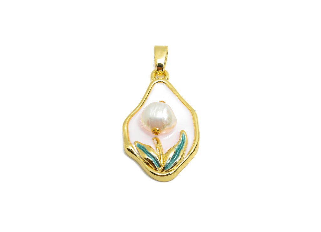 Artistic Pearl Floral Pendant - Chic Enamel Brass Flower Pendant - Necklace Pendant - Dainty Jewelry - 18K Gold Plated -24x15x6mm -RGP10675 - DOMEDBAZAAR