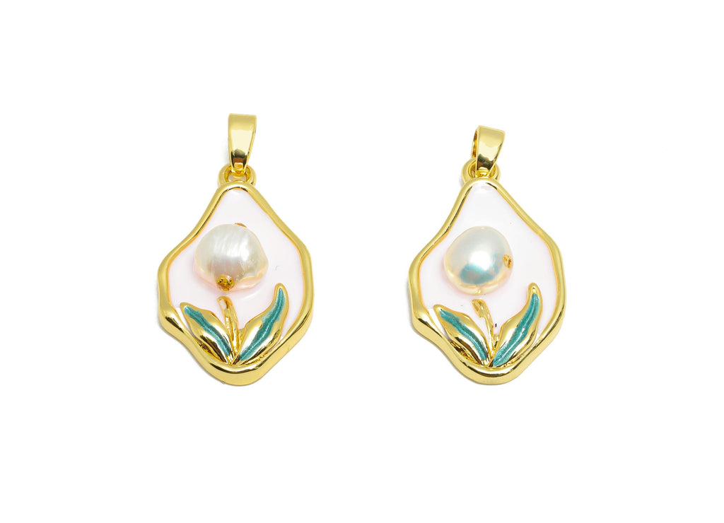 Artistic Pearl Floral Pendant - Chic Enamel Brass Flower Pendant - Necklace Pendant - Dainty Jewelry - 18K Gold Plated -24x15x6mm -RGP10675 - DOMEDBAZAAR