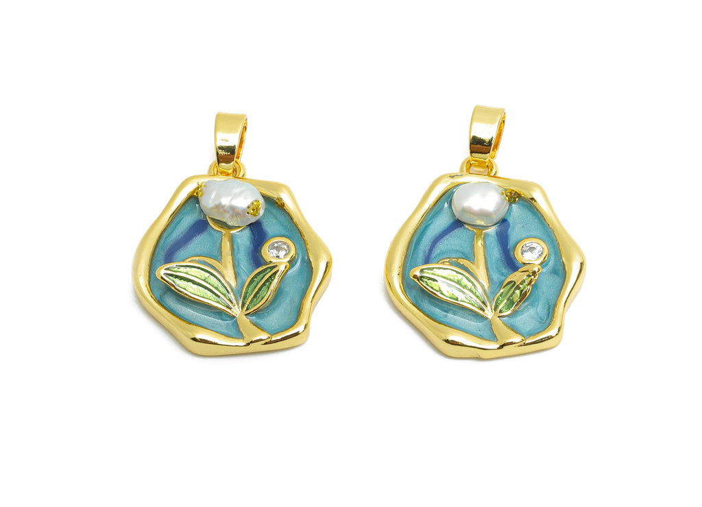 Brass Floral Pendant - Brass Enamel Handcrafted Look With Pearl Pendant - Artistic Gold Jewelry - 18K Real Gold Plated - 19x16x4mm- RGP10655 - DOMEDBAZAAR