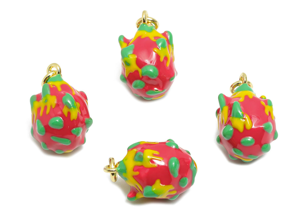 Brass Pitaya Bracelet Charm - Colorful Enamel Dragon Fruit Charm - Unique Food Pendant - 18K Real Gold Plated - 15.48x11.5x9.87mm - RGP10586 - DOMEDBAZAAR