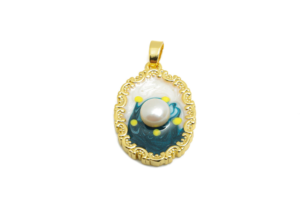 Artistic Pearl Pendant - Chic Enamel Brass Pendant - Gold Pearl Enamel Pendant - Vibrant Colors Jewelry -18K Gold Plated -24x16x5mm-RGP10681 - DOMEDBAZAAR