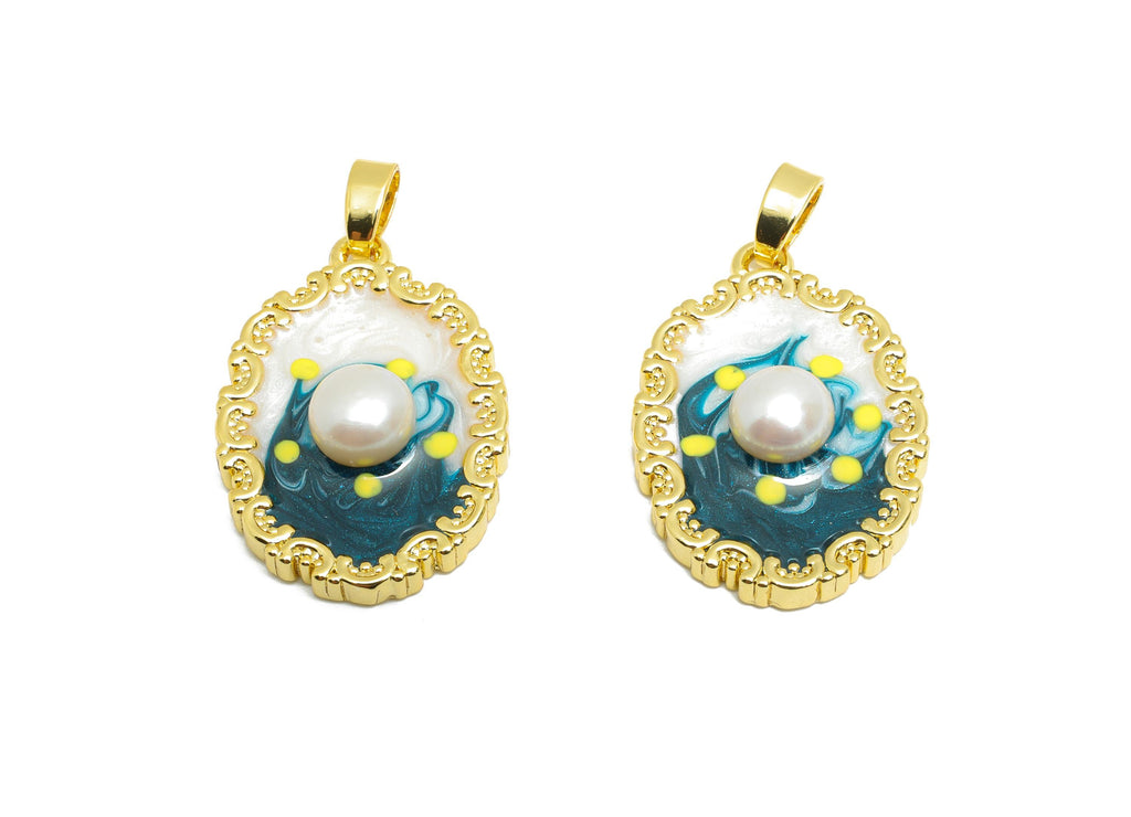 Artistic Pearl Pendant - Chic Enamel Brass Pendant - Gold Pearl Enamel Pendant - Vibrant Colors Jewelry -18K Gold Plated -24x16x5mm-RGP10681 - DOMEDBAZAAR