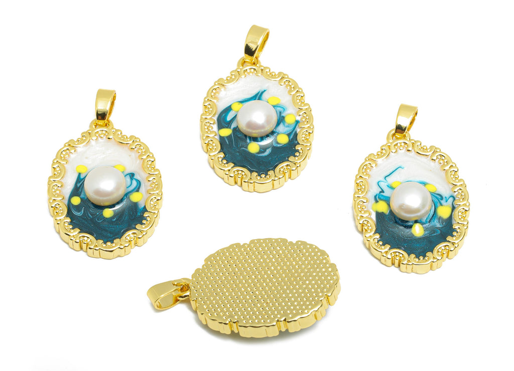 Artistic Pearl Pendant - Chic Enamel Brass Pendant - Gold Pearl Enamel Pendant - Vibrant Colors Jewelry -18K Gold Plated -24x16x5mm-RGP10681 - DOMEDBAZAAR