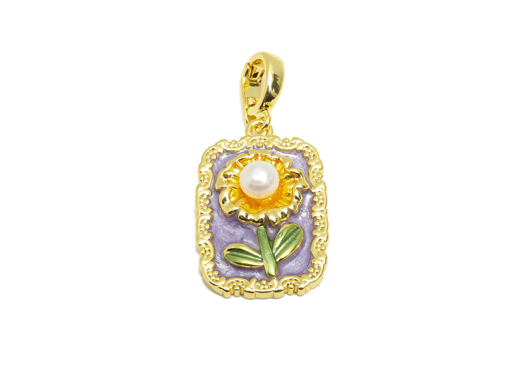 Brass Artistic Daisy Pendant - Chic Zircon Enamel Painting Pendant - Vintage Dainty Jewelry - 18K Gold Plated - 22x15x6.11mm - RGP10686 - DOMEDBAZAAR
