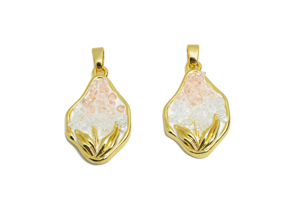 Brass Abstract Floral Pendant - Sparking Gold Crystals Pendant - Rose Quartz Enamel Jewelry - 18K Real Gold Plated  - 23x14x4mm - RGP10656 - DOMEDBAZAAR
