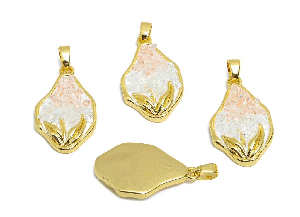 Brass Abstract Floral Pendant - Sparking Gold Crystals Pendant - Rose Quartz Enamel Jewelry - 18K Real Gold Plated  - 23x14x4mm - RGP10656 - DOMEDBAZAAR