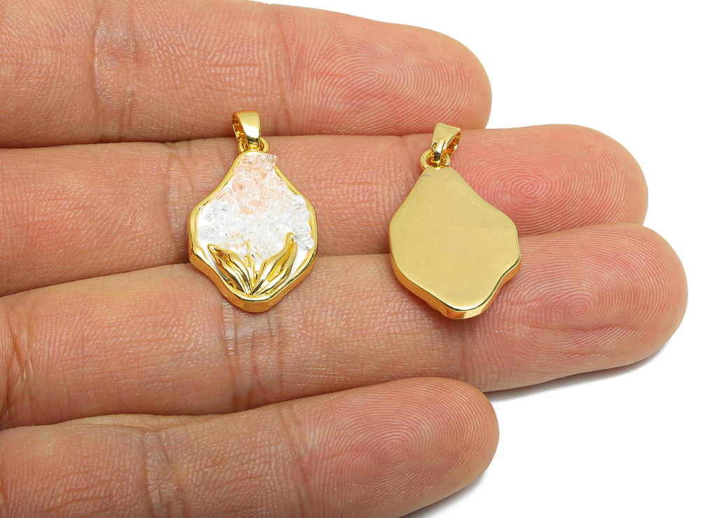 Brass Abstract Floral Pendant - Sparking Gold Crystals Pendant - Rose Quartz Enamel Jewelry - 18K Real Gold Plated  - 23x14x4mm - RGP10656 - DOMEDBAZAAR