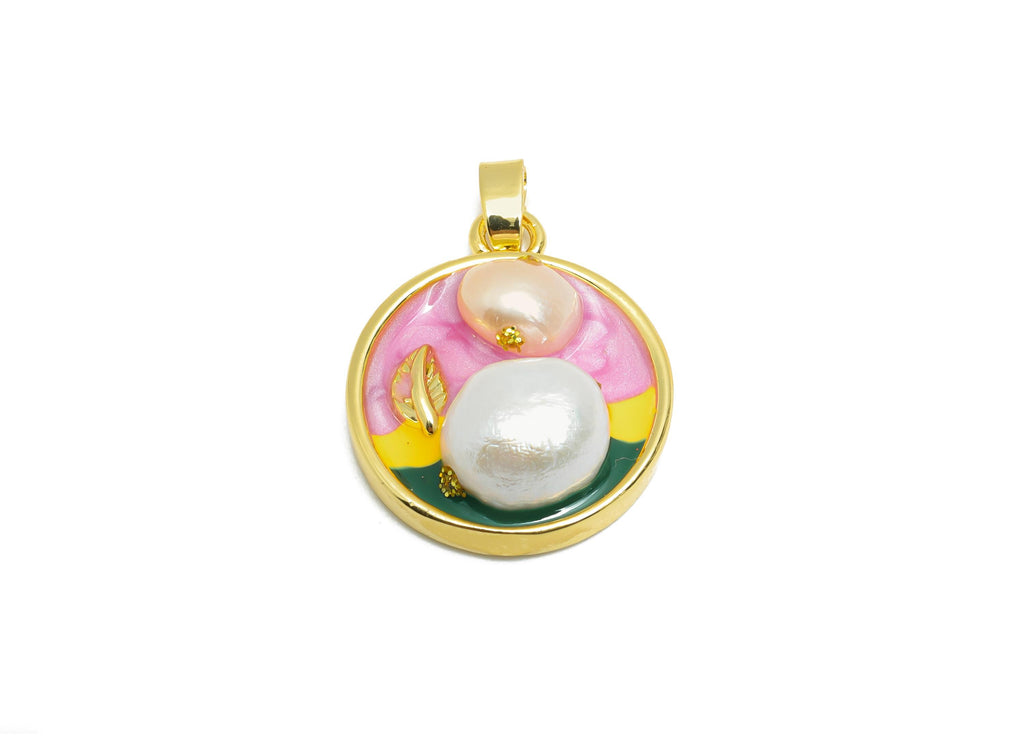 Brass Artistic Pearl Pendant - Chic Colorful Enamel Painting Pendant - Vintage Dainty Jewelry - 18K Gold Plated - 21x17x6.82mm - RGP10676 - DOMEDBAZAAR