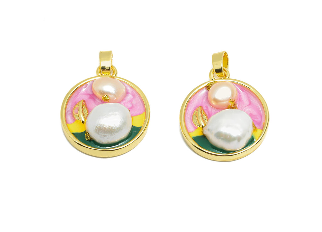 Brass Artistic Pearl Pendant - Chic Colorful Enamel Painting Pendant - Vintage Dainty Jewelry - 18K Gold Plated - 21x17x6.82mm - RGP10676 - DOMEDBAZAAR