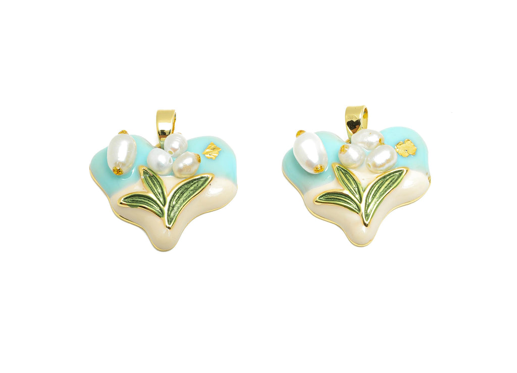 Brass Artistic Heart Pendant - Chic Pearl Enamel Flower Painting Pendant - Dainty Heart Jewelry - 18K Gold Plated - 19x20x6.78mm - RGP10642 - DOMEDBAZAAR