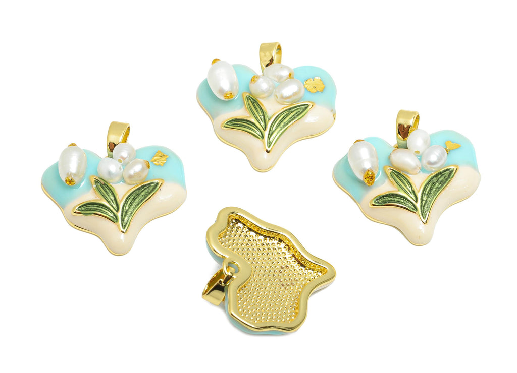 Brass Artistic Heart Pendant - Chic Pearl Enamel Flower Painting Pendant - Dainty Heart Jewelry - 18K Gold Plated - 19x20x6.78mm - RGP10642 - DOMEDBAZAAR