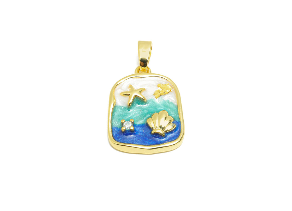 Gold Marine Pendant - Brass Dainty Enamel Cubic Zircon - Rectangle Ocean Earring Pendant - 18K Real Gold Plated - 20x14x3.67mm - RGP10648 - DOMEDBAZAAR
