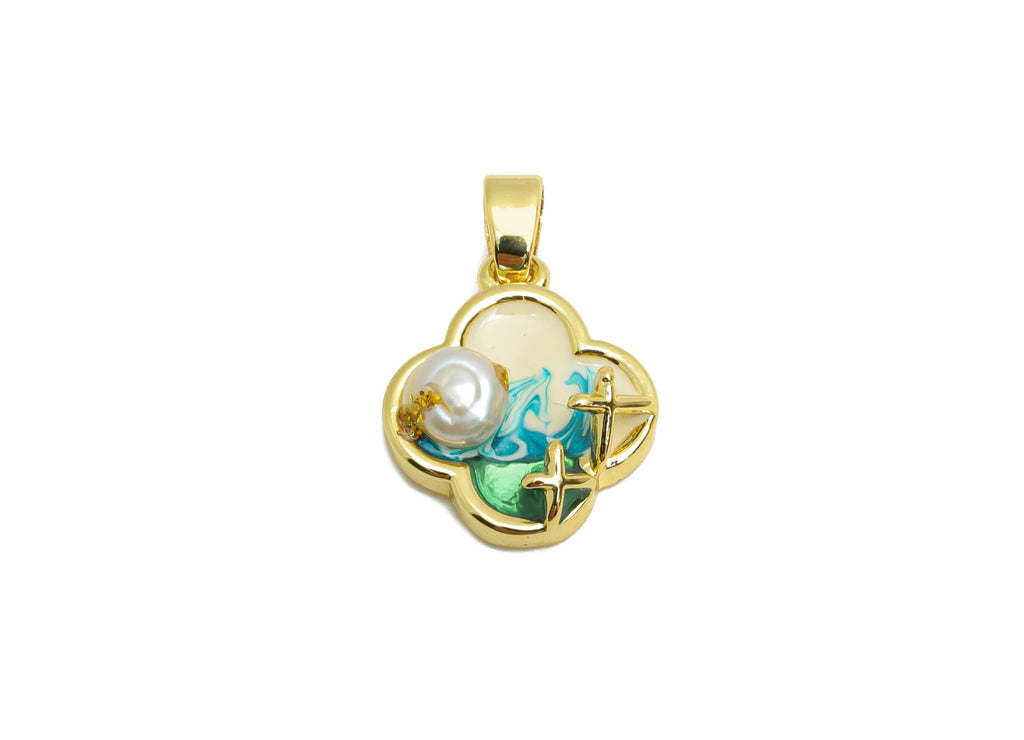 Brass Colorful Pendant - Brass Dainty Enamel With Pearl Pendant - Painting Pendant - for Necklace - 18K Real Gold Plated -14x11x3mm-RGP10682 - DOMEDBAZAAR