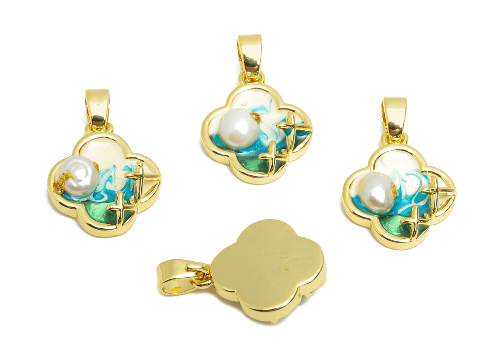Brass Colorful Pendant - Brass Dainty Enamel With Pearl Pendant - Painting Pendant - for Necklace - 18K Real Gold Plated -14x11x3mm-RGP10682 - DOMEDBAZAAR