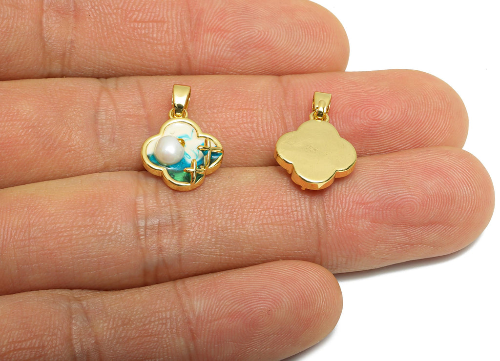 Brass Colorful Pendant - Brass Dainty Enamel With Pearl Pendant - Painting Pendant - for Necklace - 18K Real Gold Plated -14x11x3mm-RGP10682 - DOMEDBAZAAR