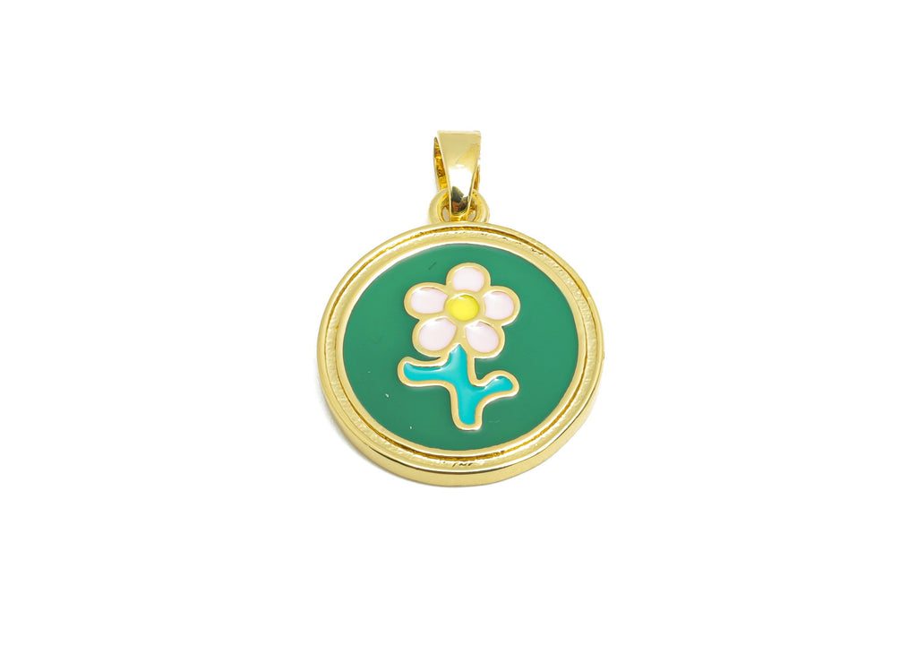Round Flower Pendant - Dainty Gold Brass Enamel Pendant - Romantic Necklace Pendant - 18K Real Gold Plated - 18.35x15.86x1.71mm - RGP10689 - DOMEDBAZAAR