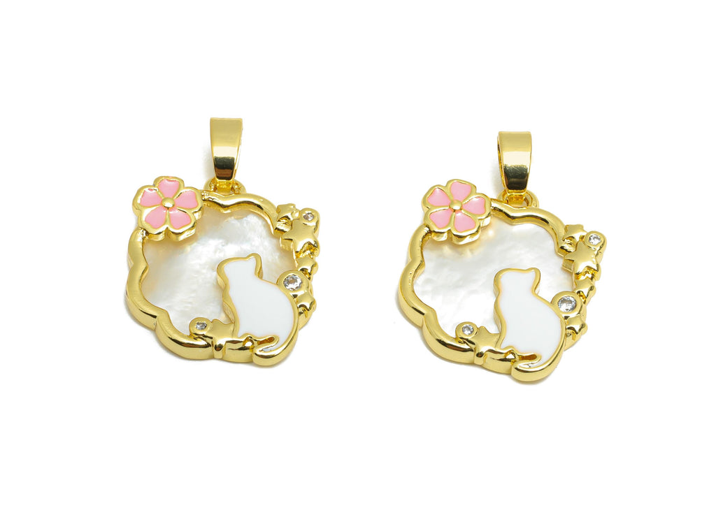 Brass Shell Cat Pendant - Brass Dainty Enamel Floral Pearl Pendant - Gold Vintage Pendant - 18K Real Gold Plated - 18x16x3mm - RGP10646 - DOMEDBAZAAR