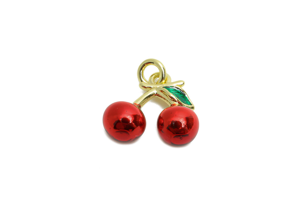 Brass Cherry Charm - Brass Colorful Dainty Enamel Red Cherry Charm - Gold and Red Cherry Charm - 18K Real Gold Plated - 11x12x5mm - RGP10612 - DOMEDBAZAAR
