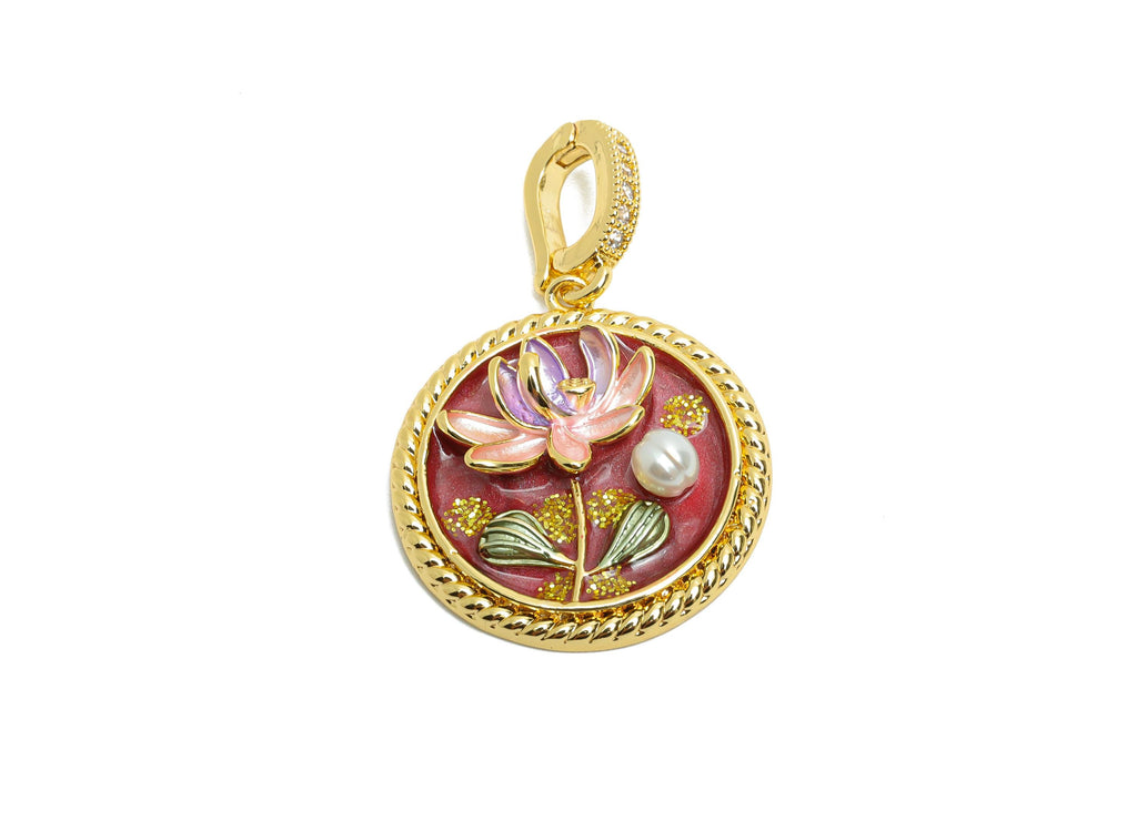 Brass Lotus Pendant - Brass Colorful Enamel Floral Pendant With Pearl - CZ Painting With Bail - 18K Real Gold Plated - 34x22x5mm - RGP10711 - DOMEDBAZAAR