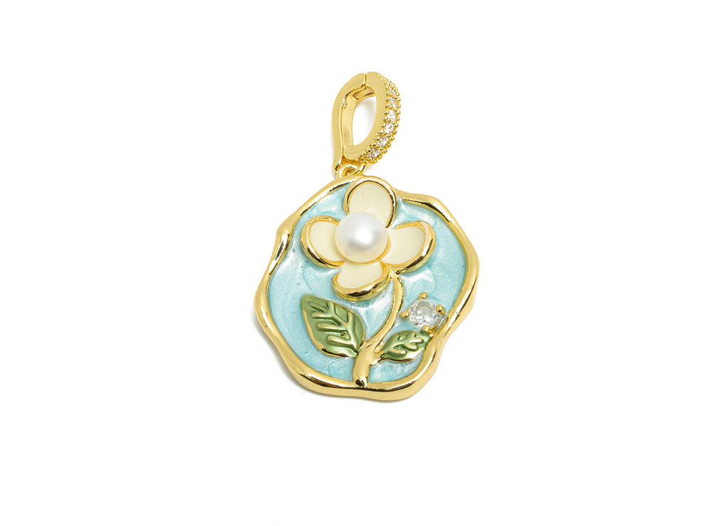Brass Floral Pendant - Brass Colorful Enamel Pearl Floral Pendant  - Zircon Painting With Bail - 18K Real Gold Plated - 39x24x6mm-RGP10713 - DOMEDBAZAAR