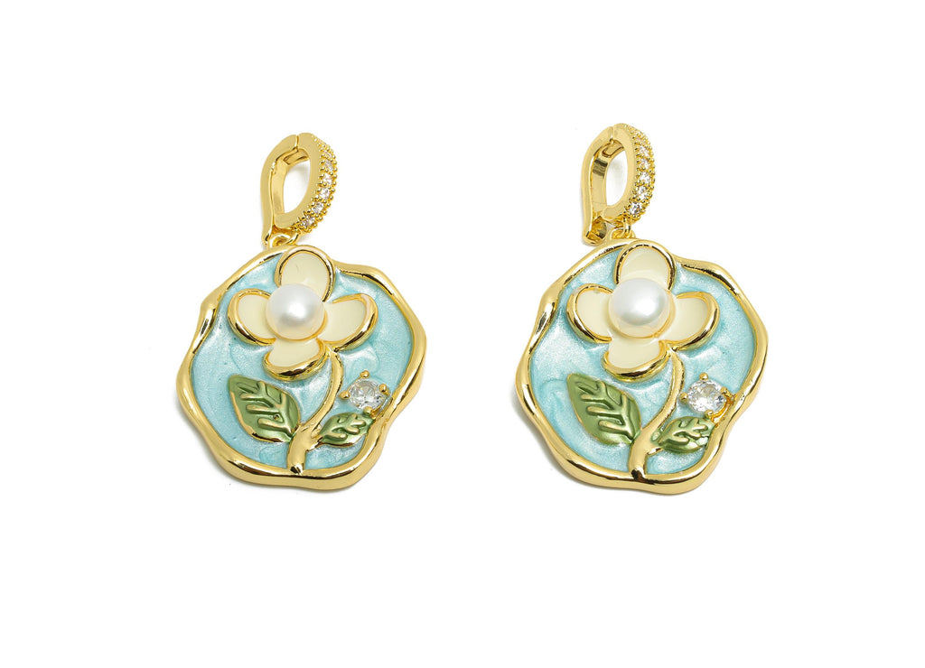 Brass Floral Pendant - Brass Colorful Enamel Pearl Floral Pendant  - Zircon Painting With Bail - 18K Real Gold Plated - 39x24x6mm-RGP10713 - DOMEDBAZAAR