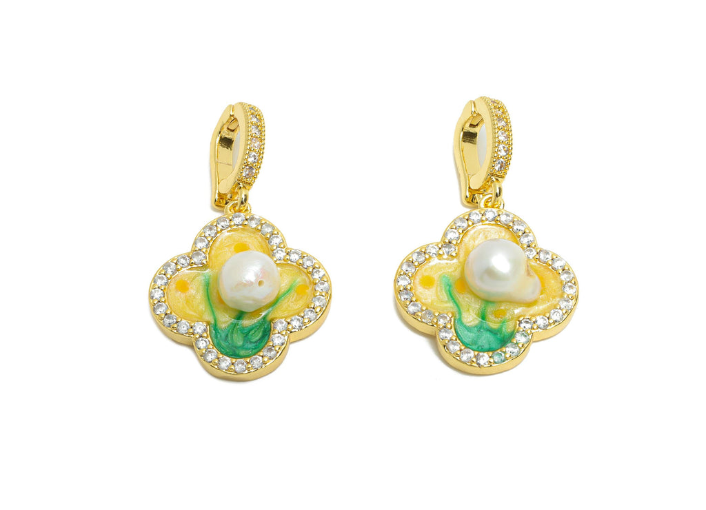 Brass Clover Pendant - Brass Colorful Enamel Pearl Zircon Pendant - Bracelet Charm With Bail - 18K Real Gold Plated - 30x17x7mm -RGP10705 - DOMEDBAZAAR
