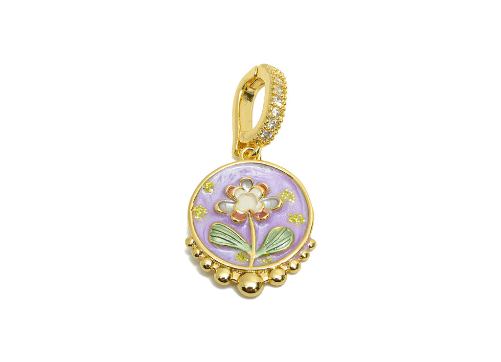 Brass Floral Pendant - Brass Colorful Enamel Zircon Pendant With Pearl - Bracelet Charm With Bail - 18K Real Gold Plated -31x16x4mm-RGP10706 - DOMEDBAZAAR