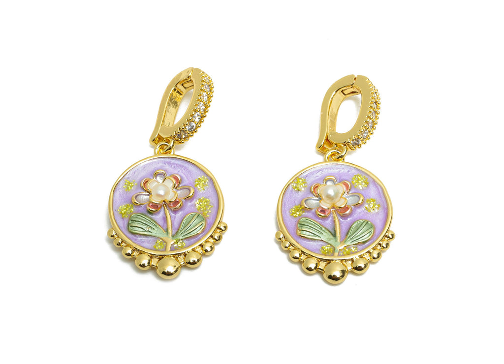 Brass Floral Pendant - Brass Colorful Enamel Zircon Pendant With Pearl - Bracelet Charm With Bail - 18K Real Gold Plated -31x16x4mm-RGP10706 - DOMEDBAZAAR