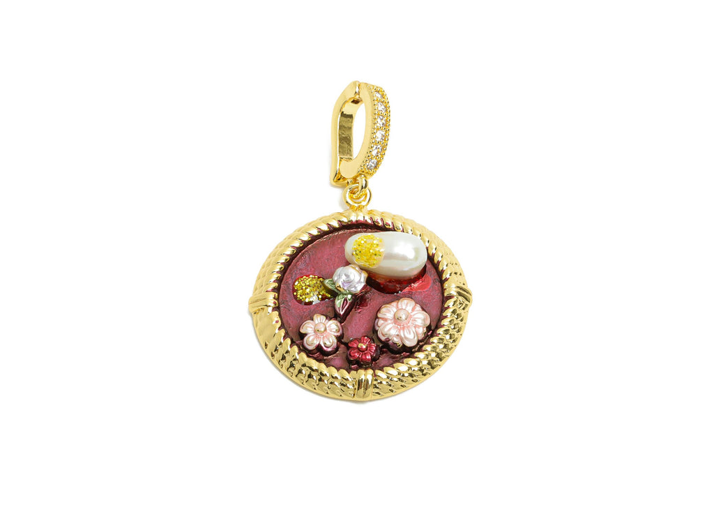 Brass Floral Pendant - Brass Luxe Enamel Pendant With Pearl - Dainty Bracelet Charm With Bail - 18K Real Gold Plated - 34x22x7mm - RGP10704 - DOMEDBAZAAR