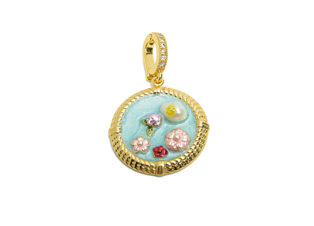 Brass Floral Pendant - Brass Luxe Enamel Pendant With Pearl - Dainty Colorful Vintage With Bail - 18K Real Gold Plated - 33x22x6mm -RGP10710 - DOMEDBAZAAR