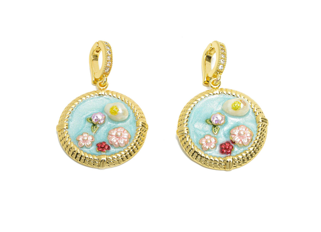 Brass Floral Pendant - Brass Luxe Enamel Pendant With Pearl - Dainty Colorful Vintage With Bail - 18K Real Gold Plated - 33x22x6mm -RGP10710 - DOMEDBAZAAR