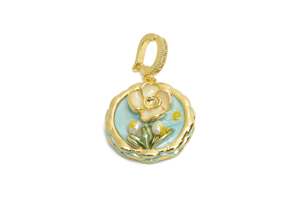 Elegant Floral Pendant - Brass Pearl Enamel Pendant - Dainty Vintage Bracelet Charm With Bail - 18K Real Gold Plated - 33x21x8mm - RGP10709 - DOMEDBAZAAR