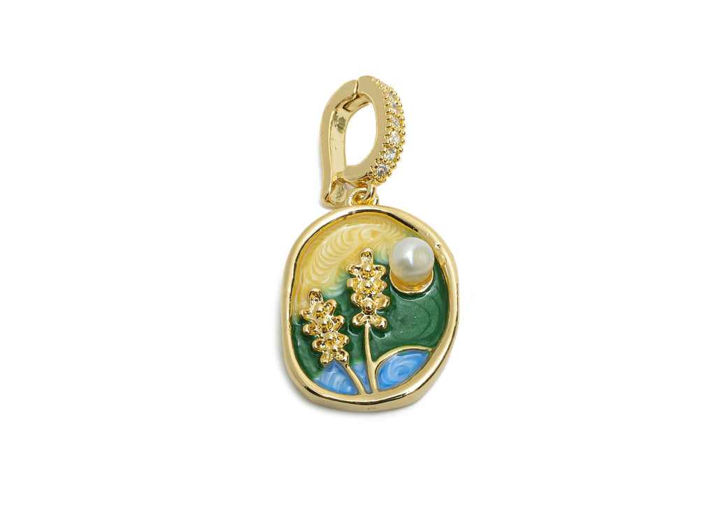 Elegant Floral Pendant - Brass Pearl Enamel Pendant - Boho Vintage Bracelet Charm With Bail - 18K Real Gold Plated - 33.68x16x5mm - RGP10702 - DOMEDBAZAAR
