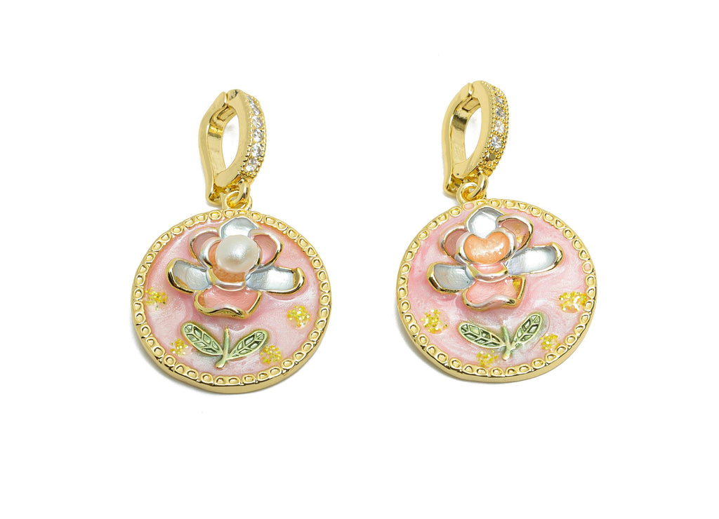 Summer Floral Pendant - Brass Luxury Enamel Pendant With Pearl - Vintage Bracelet Charm With Bail - 18K Real Gold Plated -29x18x6mm-RGP10707 - DOMEDBAZAAR