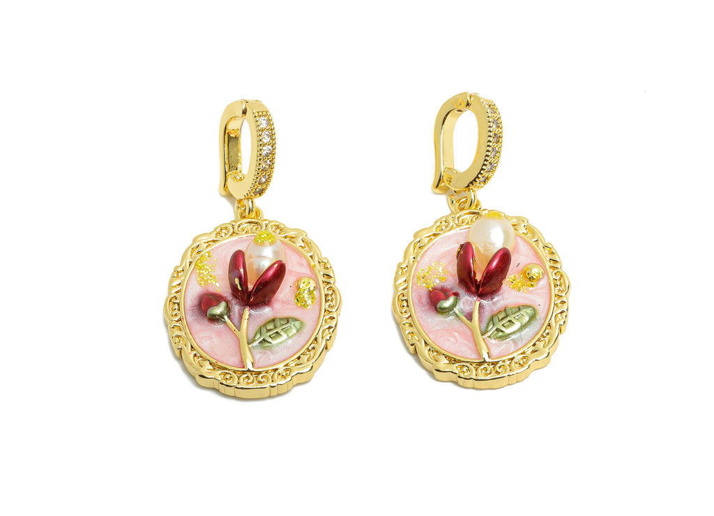 Elegant Floral Pendant - Brass Luxury Enamel Pendant With Pearl -  Vintage Looking Pendant - 18K Real Gold Plated - 33x17x6.02mm - RGP10714 - DOMEDBAZAAR