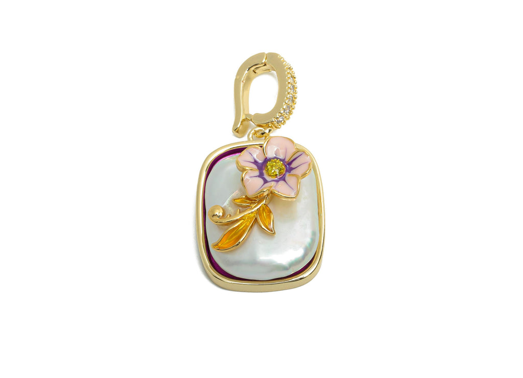 Mother of Pearl Pendant - Brass Luxury Enamel Floral Pendant - Elegant Bracelet Charm With Bail - 18K Real Gold Plated - 35x17x10mm-RGP10700 - DOMEDBAZAAR