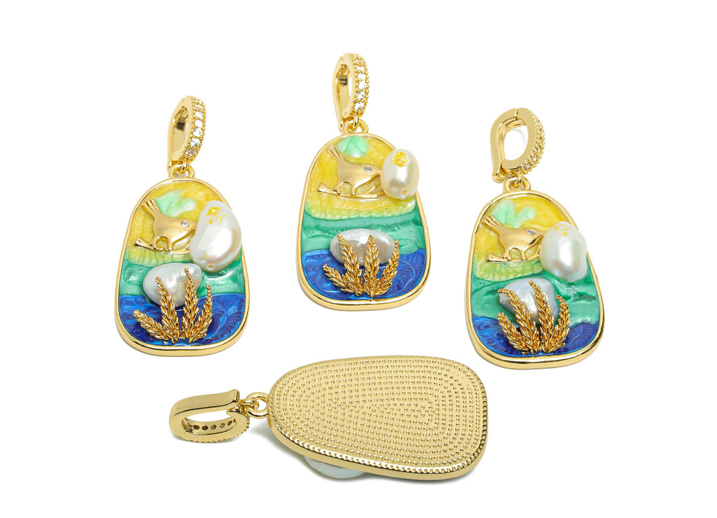 Elegant Bird Pendant - Brass Luxury Enamel Pendant With Pearl -  Vintage Looking With Bail - 18K Real Gold Plated - 46x20x7.87mm - RGP10699 - DOMEDBAZAAR