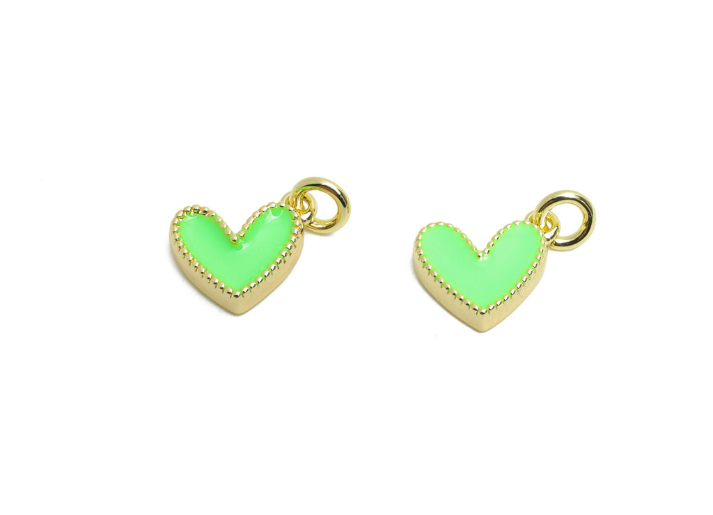 Brass Heart Earring Charm - Brass Green Enamel Earring Charm - Beaded Heart For Bracelet - 18K Real Gold Plated - 8.3x7.56x2.21mm - RGP10600 - DOMEDBAZAAR