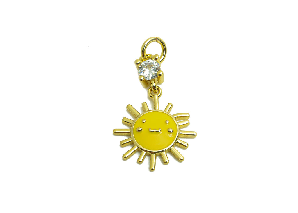 Brass Sun Earring Charm - Brass Vibrant Enamel Earring Charm - Cubic Zircon Dangle For Bracelet - 18K Real Gold Plated - 15x10x2mm -RGP10607 - DOMEDBAZAAR