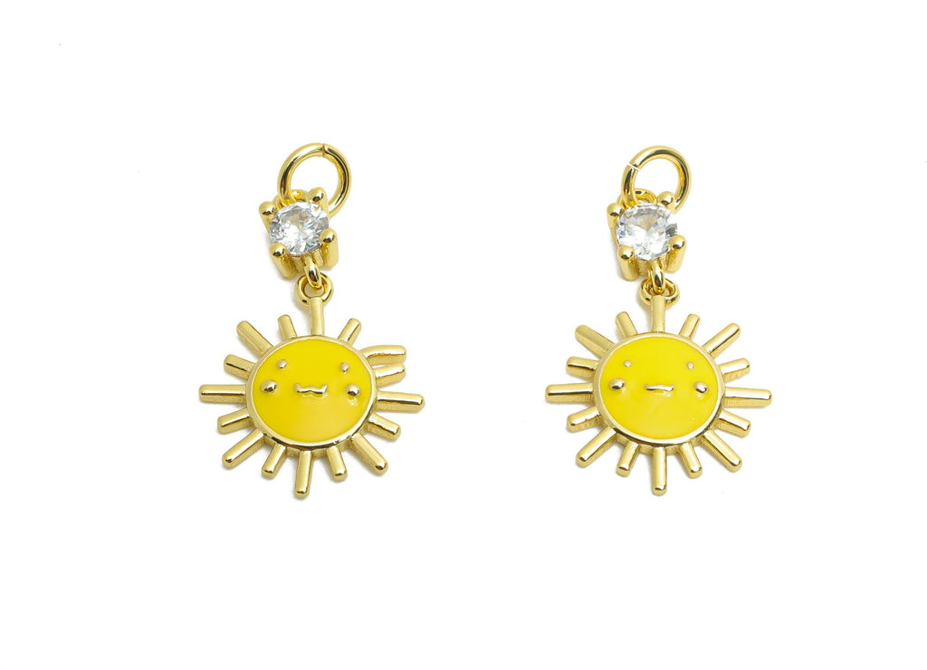 Brass Sun Earring Charm - Brass Vibrant Enamel Earring Charm - Cubic Zircon Dangle For Bracelet - 18K Real Gold Plated - 15x10x2mm -RGP10607 - DOMEDBAZAAR