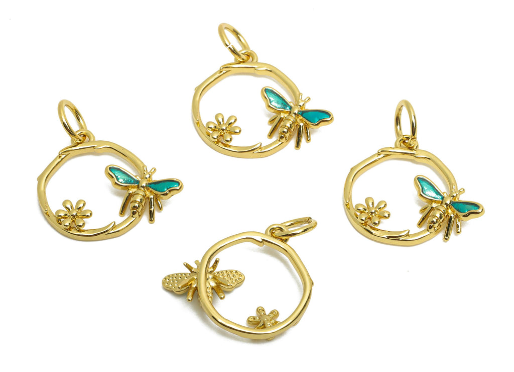 Brass Bee Hoop Earring Charm - Brass Flower Enamel Pendant - Cute Bee Ring Charm For Bracelet - 18K Real Gold Plated - 13x14x2mm - RGP10605 - DOMEDBAZAAR