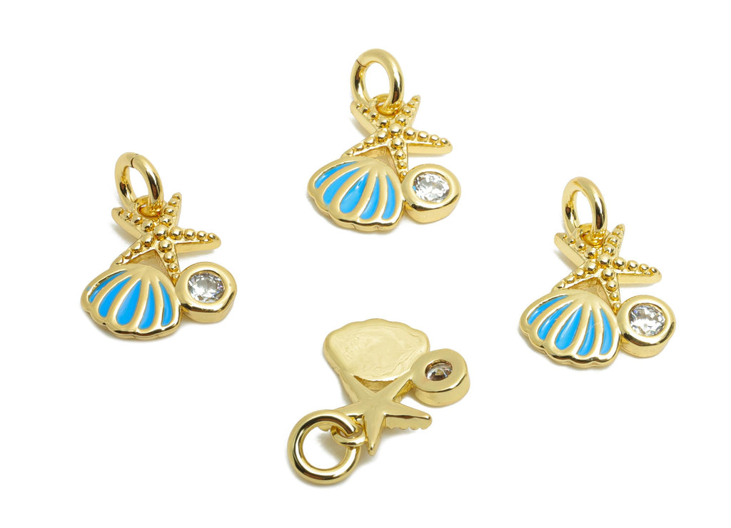 Brass Starfish Earring Charm - Brass Zircon Enamel Shell Charm - Ocean Breeze For Bracelet - 18K Real Gold Plated - 9.19x8.5x1mm - RGP10610 - DOMEDBAZAAR