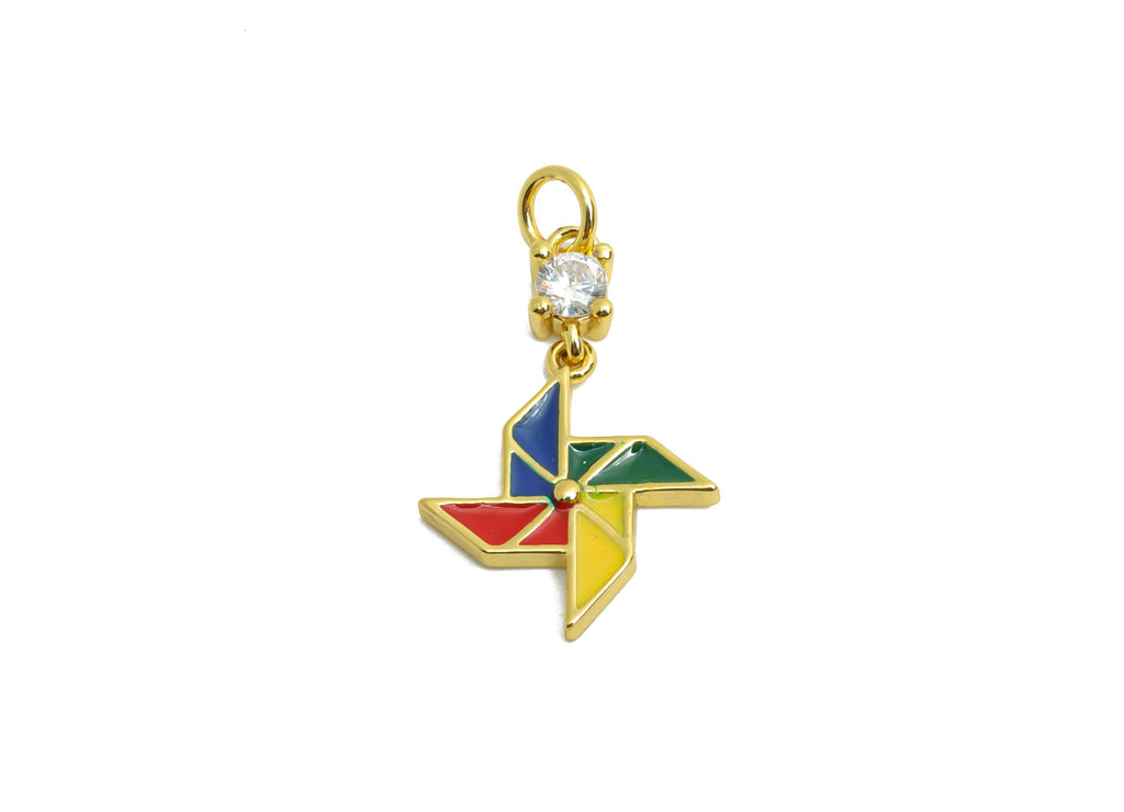 Colorful Pinwheel Earring Charm - Brass Whirlwind Enamel Charm - Zircon Pinwheel Jewelry Charm - 18K Real Gold Plated - 18x11x1mm -RGP10598 - DOMEDBAZAAR