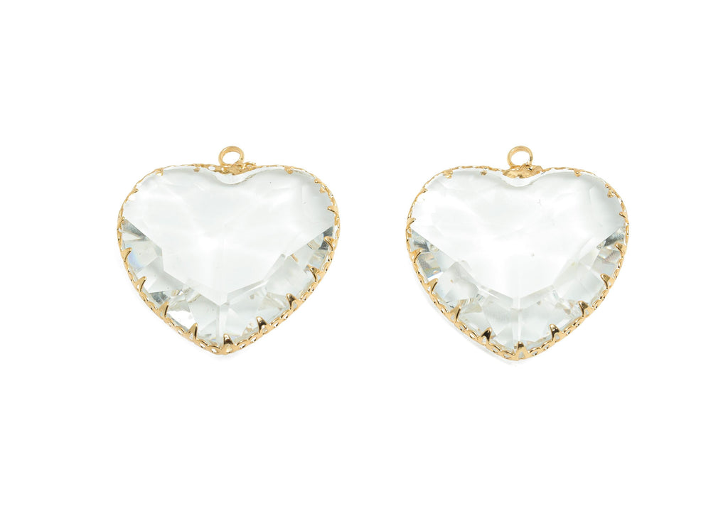 Glass Heart Earring Charms - Brass Sparking Frame Pendant - Romantic Heart Charm - Faceted Glass - Gold Tone Plated - 31x27.94x9mm - GS1163B - DOMEDBAZAAR