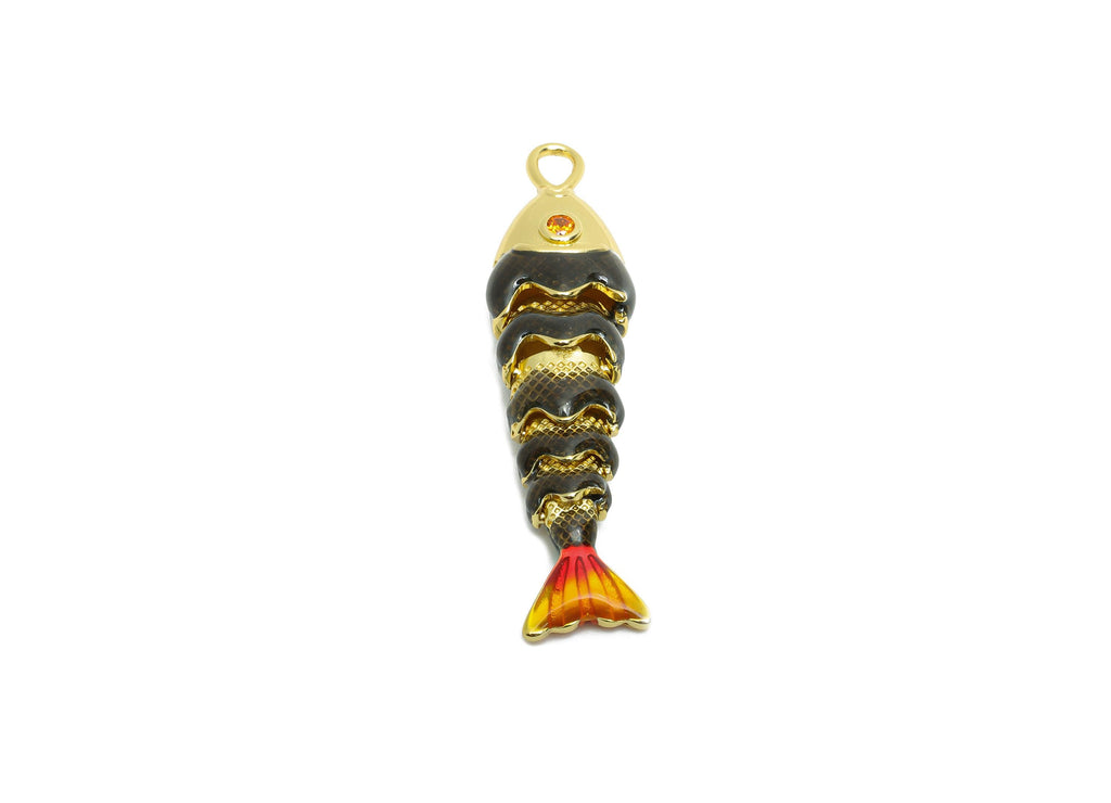 Dainty Cloisonne Enamel Fish Charm - Brass Movable Fish Charm - CZ Handmade Articulated Fish - 18K Real Gold Plating - 40x10x7mm - RGP10441 - DOMEDBAZAAR
