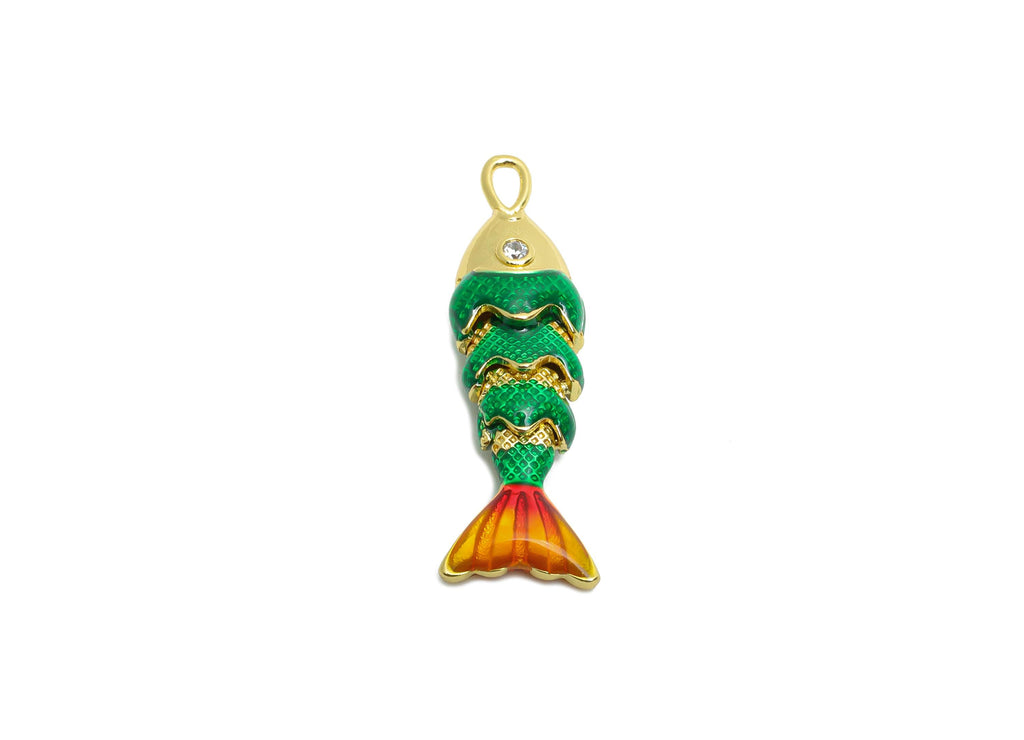 Refined Cloisonne Enamel Fish Charm - Brass Movable Fish Charm - CZ Handmade Articulated Fish - 18K Real Gold Plated - 27x8x5.9mm - RGP10442 - DOMEDBAZAAR