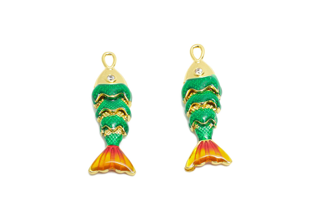 Refined Cloisonne Enamel Fish Charm - Brass Movable Fish Charm - CZ Handmade Articulated Fish - 18K Real Gold Plated - 27x8x5.9mm - RGP10442 - DOMEDBAZAAR