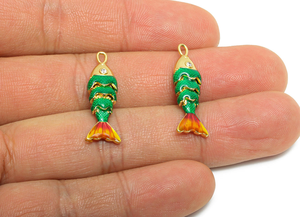 Refined Cloisonne Enamel Fish Charm - Brass Movable Fish Charm - CZ Handmade Articulated Fish - 18K Real Gold Plated - 27x8x5.9mm - RGP10442 - DOMEDBAZAAR