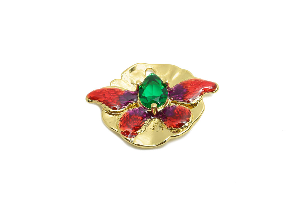 Teardrop Butterfly Charm - Brass Colorful Enamel Fish Charm - Red Enamel Butterfly Pendant - 18K Real Gold Plating - 23x17.52x3mm - RGP10448 - DOMEDBAZAAR